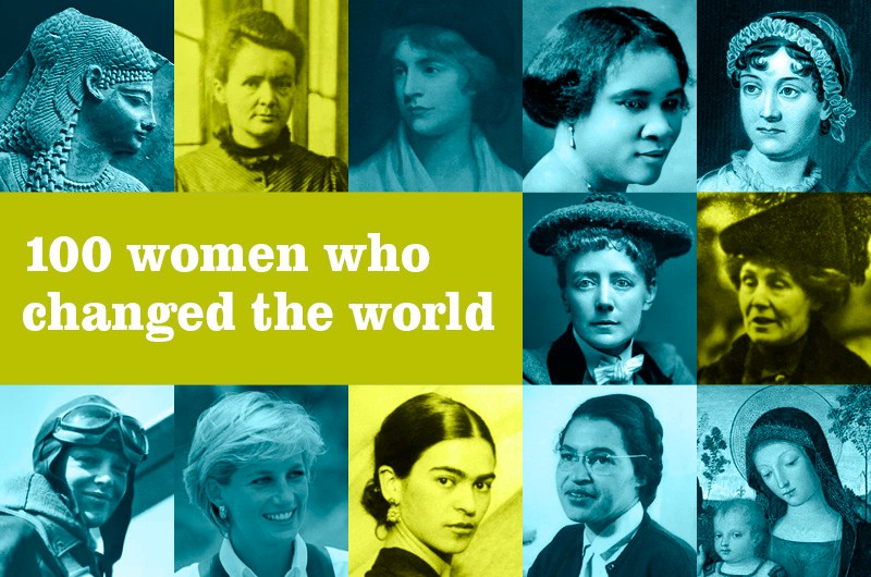 Composite image of famous women: Cleopatra, Marie Curie, Mary Wollstonecraft, Madame CJ Walker, Jane Austen, Emmeline Pankhurst, Ethel Smyth, the Virgin Mary, Rosa Parks, Frida Kahlo, Diana, Princess of Wales, Amelia Earhart.