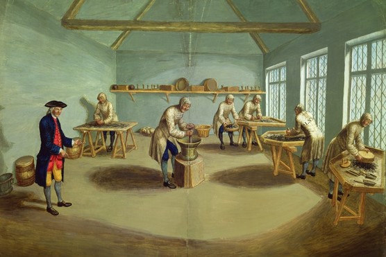 A c1750 watercolour shows workers "mixing the powder" at Woolwich Arsenal. "The institutions that made up the 18th-century British 'state' existed entirely to provide the resources for war," argues Priya Satia. (Photo by Bridgeman Art Library)