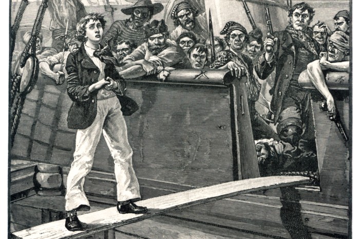 An engraving of a man made to walk the plank by pirates – a fictional fate repeated in books such as Treasure Island.