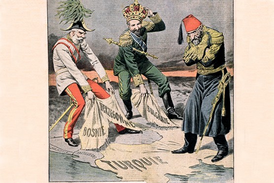 Cover illustration from Le Petit Journal, 1908, showing Ferdinand I of Bulgaria declaring independence (centre) and Franz Joseph I of Austria Hungary seizing Bosnia and Herzegovina from a forlorn-looking Ottoman sultan, Abdülhamid II (Photo by Archives Charmet / Alamy Images)