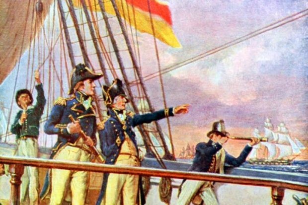 An illustration of the battle of Trafalgar during the Napoleonic Wars.