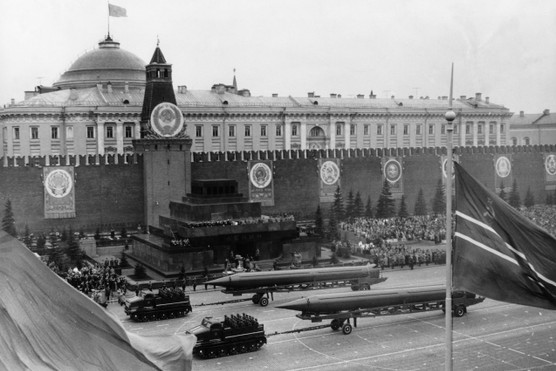 The USSR showcases its military might at the 1961 annual May Day parade in Red Square, Moscow. (Photo by Sovfoto/UIG via Getty Images)