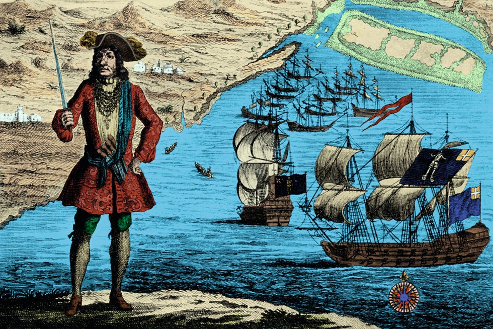 A coloured engraving of pirate captain Bartholomew Roberts, who enforced strict rules on his ship.