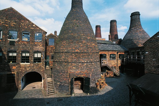 The inner courtyard of the old pottery factory at Gladstone Pottery Museum, with its five towering bottle ovens. (Photo by DeAgostini/Getty Images)