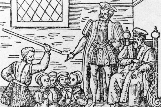 A group of supposed witches being beaten in front of King James I and VI