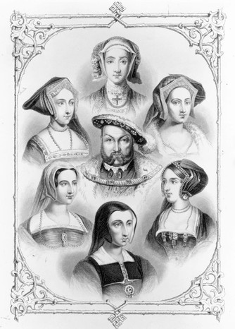 Henry VIII surrounded by his six wives. Clockwise from top: Anne of Cleves, Catherine Howard, Anne Boleyn, Catherine of Aragon, Katherine Parr and Jane Seymour. (Photo by Hulton Archive/Getty Images)