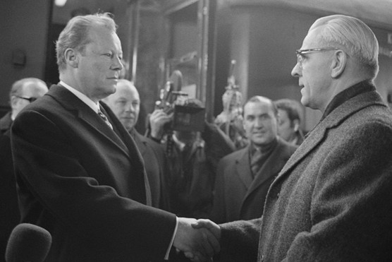 East German leader Willi Stoph greets West German chancellor Willy Brandt at Erfurt. (Getty images)