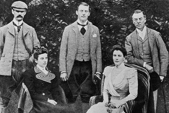 Joseph Chamberlain (far right) pictured with his sons Neville (far left) and Austen, daughter Hilda (front left) and third wife, Mary Endicott (Photo by Three Lions/Hulton Archive/Getty Images)