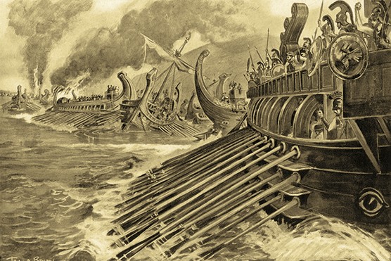 A trieme is rowed towards a naval battle in a scene depicting the battle of Aegospotami in 405 BC