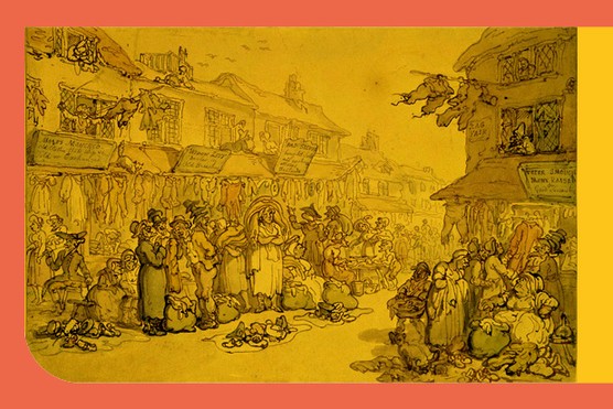 An ink drawing of a London 'rag fair' where old clothes and textiles were traded, c1800